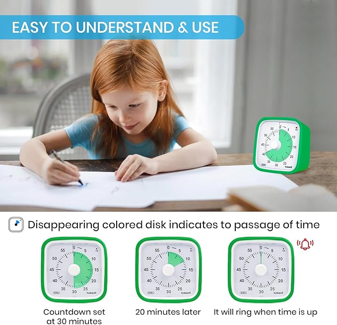 Yunbaoit Visual Timer with Protective Case, 60 Minute Silent Countdown Timer for Kids and Adults Clock Time Management Tool(Green)