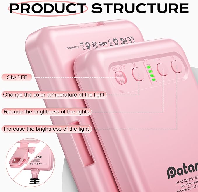 Rechargeable Soft Selfie Light for Phone, Camera, Laptop, 4-14H Battery Portable LED Light for Pictures, Phone Light Clip for Selfie, Vlog, TikTok, Makeup, Video Conference Pink