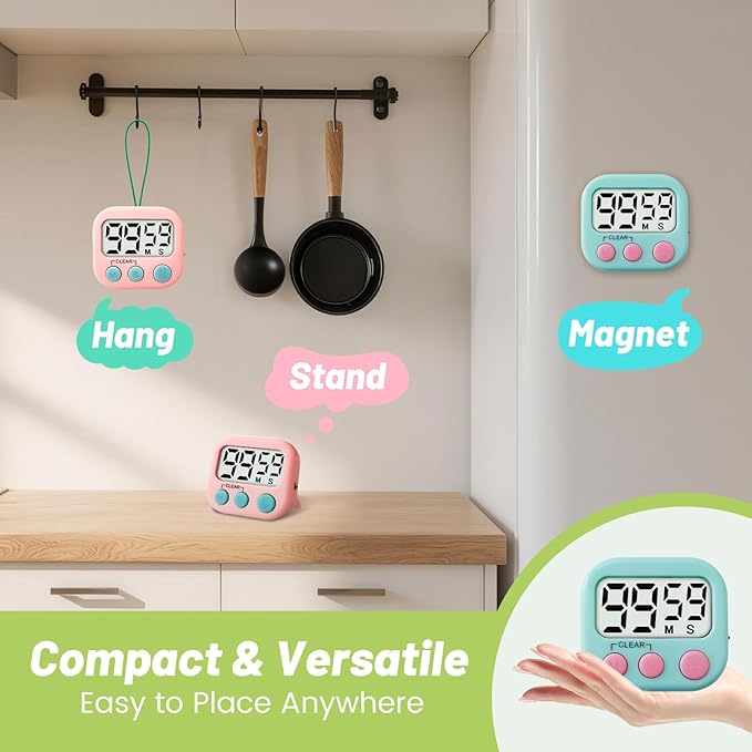 2 Pcs Digital Timer for Kids, Magnetic Countdown Kitchen Timer, Upgrade Loud Alarm Timers for Cooking, Kitchen, Exercise, Work, Study, Classroom, Outdoor Activities, Battery not Including