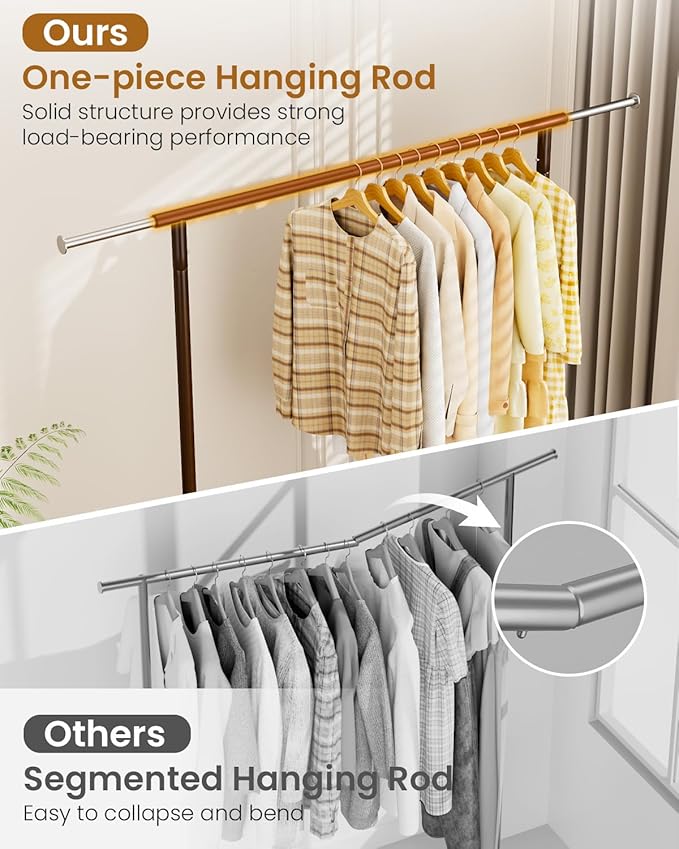 Heavy Duty Clothing Rack, Metal Clothes Rack Load 450 LBS, Rolling Coat Racks for Hanging Clothes with Lockable Wheels, Wardrobe Closet Garment Racks for Bedroom, Brown