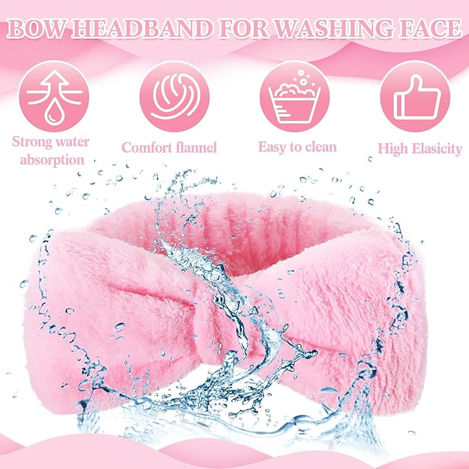 50 Pcs Pink Spa Headband Bulk Spa Sleepover Party Supplies for Washing Face with Removable Bow Makeup Elastic Bowknot Headbands for Women Gifts Soft Skincare Microfiber Hairbands(Pink Style)