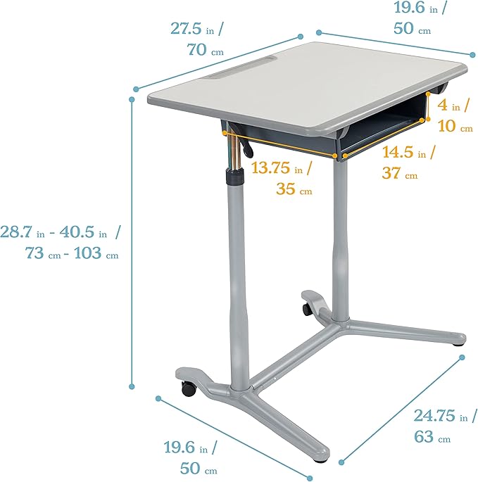 ECR4Kids 3S Mobile Desk, Sit Stand and Store, Adjustable, Open Front Desk, Grey