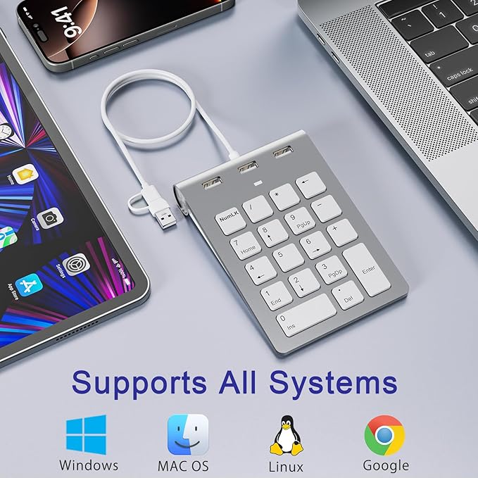 Wired Numeric Keypad USB C/USB A, Ergonomic Mini Number Pad with 3 USB 2.0 Ports, 18 Keys Numpad, Office Calculator Number Pads for Laptop, Desktop, Notebook, PC