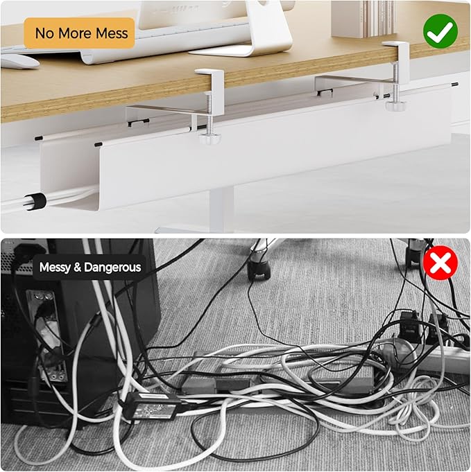 Under Desk Cable Management Tray 39.7" - No Drill Computer Wire Organizer Cable Tray, Fabric Cord Hider Clamp Mount, with 16X Cable Ties PC Cables Management Cord Holder for Office/Home (White)