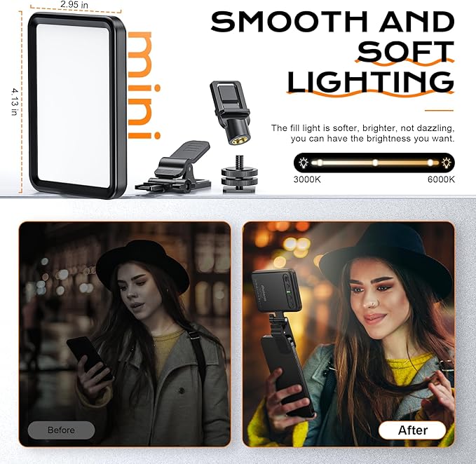 Rechargeable Soft Selfie Light for Phone, Camera, Laptop, 4-14H Battery Portable LED Light for Pictures, Phone Light Clip for Selfie, Vlog, TikTok, Makeup, Video Conference Black