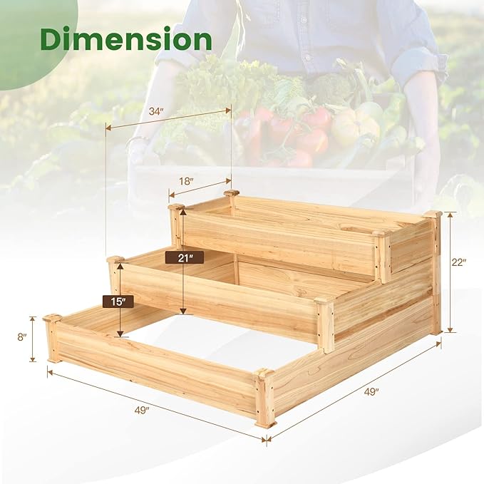 COSTWAY 3-Tier Raised Garden Bed, Wooden Elevated Planter Box for Vegetables Flowers Herbs Fruits, Outdoor Growing Planter Box Stand for Garden, Backyard, Patio, Balcony