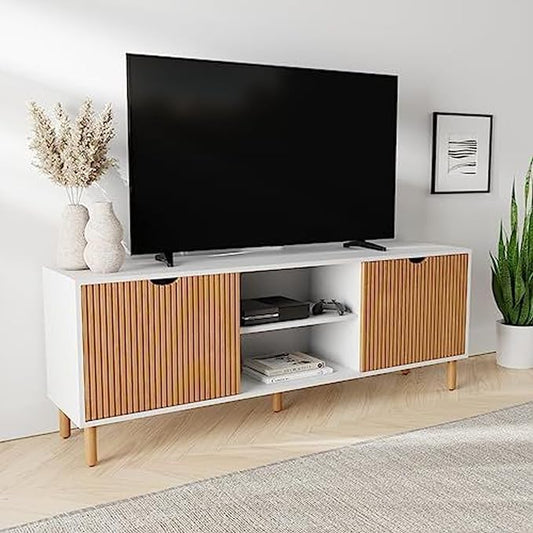 Fluted TV Stand - Media Console & Console Table with Cord Management - Soft-Close Doors & Adjustable Shelves Storage Cabinet - Living Room Entertainment Center - 70-Inch White & Oak