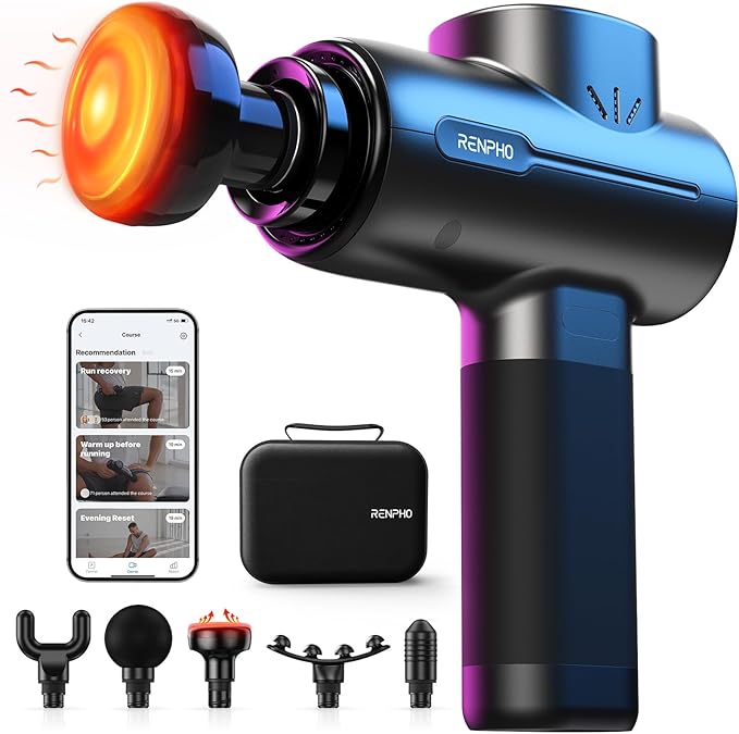 RENPHO Massage Gun with Heat, Portable Muscle Percussion Massager with Bluetooth for Back and Neck, 5 Replaceable Heads, Carry Case, Gifts for Men Women