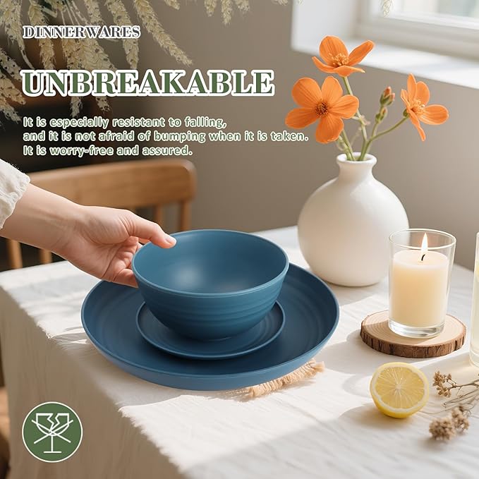 Wheat Straw Dinnerware Set of 32,Unbreakable Dinner Plates and Bowls Dishes Sets Service for 8,Dishwasher Safe Dinnerware Sets for Kitchen and Camping.Navy Blue