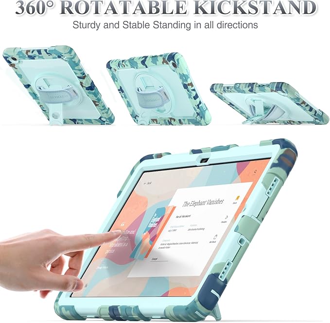 SEYMAC stock Case for Samsung Galaxy Tab A9+ Plus 11'', Full-Body Drop Protection Case with Screen Protector Pencil Holder [360° Rotating Hand Strap] &Stand, SkyBlue Camo