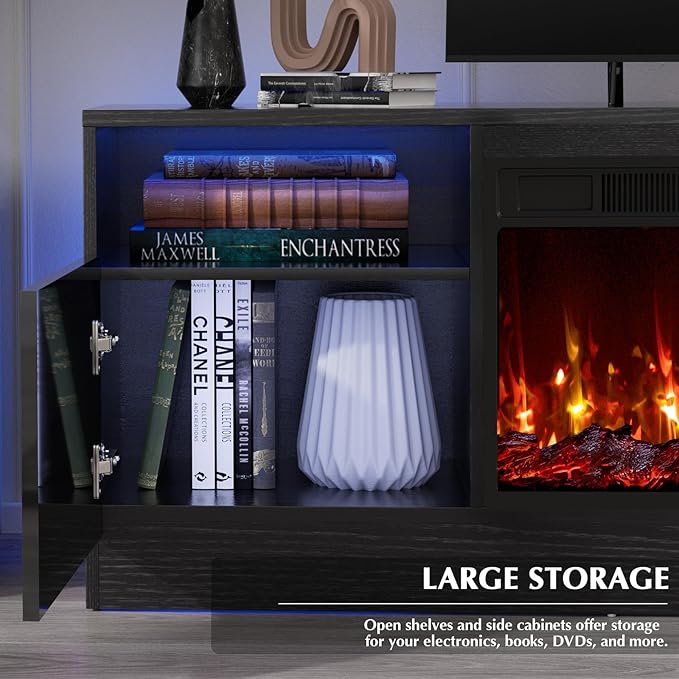Lemberi Fireplace tv Stand with 36 inch Fireplace Up to 80" TVs,LED Light Entertainment Center and Storage, 70" Modern Wood Media TV Console with Highlight Cabinet for Living Room (Black)