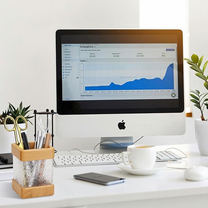 MultiBey Beech Wooden Pencil Holder, Clear Acrylic Wood Pen Holder, Modern Pencil Cup Organizer Stand Wood Desk Accessory Organizer for School Office Home Supplies