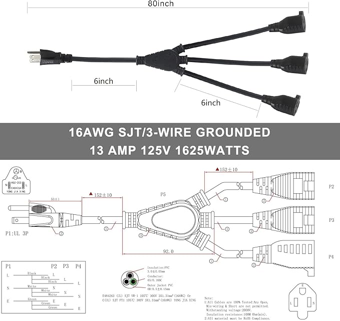 KUNCAN 3-Outlet Splitter Extension Cord - 3 Prong 1 to 3 Way Power Splitter Extension Cable, 1FT 16AWG 13A/1625W, NEMA 5-15P to 3*NEMA 5-15R Y Style Extension Cord (Black 2-Pack)