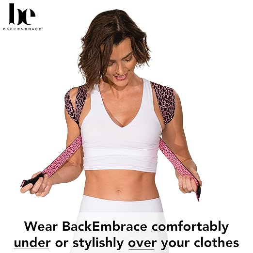 BackEmbrace Posture Corrector for Women and Men - Made in USA - Slim and Adjustable Shoulder Brace - Back Brace for Back Pain Relief - Pink Pebble M/L