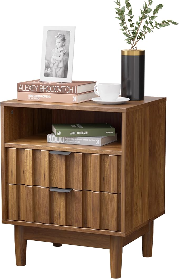 Fluted Nightstand with 2 Drawers, 19" Wide Night Stand with Solid Wood Legs, Open Storage Shelf, Mid Century Modern Wooden Bedside Table for Bedroom, Bed End Side Table, Walnut