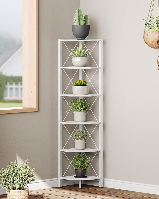 6-Tier Corner Shelf, Corner Bookcase, 66.9" Tall Vertical Display Rack, Plant Stand, Open Storage Shelf, for Living Room, Bedroom, Study, Kitchen, White TCJ13WB