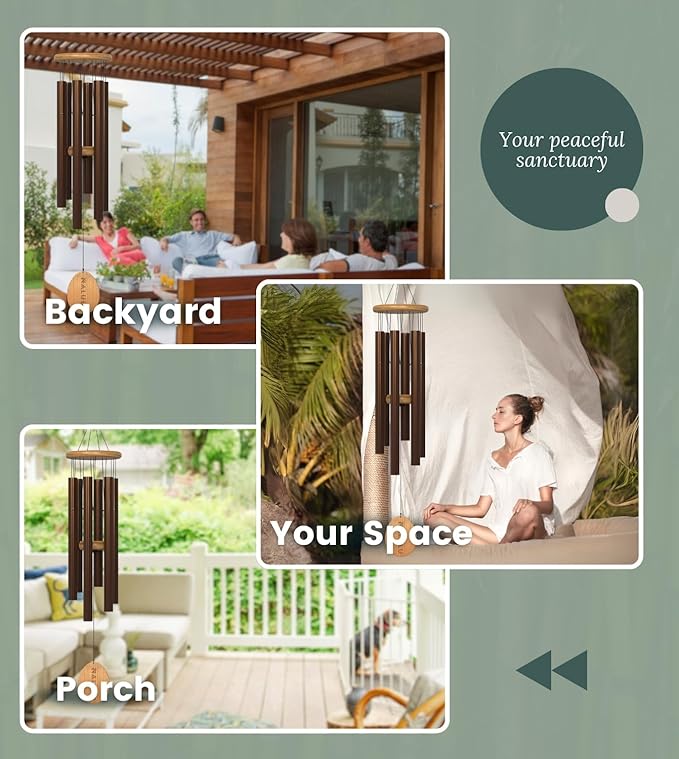 Wind Chimes – 28” Brown Modern Wind Chimes for Deep, Soothing Tones – Outdoor Garden Décor, Hand-Tuned Metal Chimes for Relaxation – Weatherproof Gift for Patio, Yard & Zen Spaces
