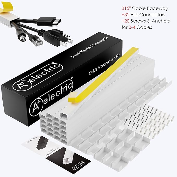 315" Cable Hider, Wire Cover, Cables Raceway for Cord Hide, Long, Large, White and paintable Cords Cover Concealer Conduit Channel, TV, Ethernet Molding Electrical Wires Management Kit