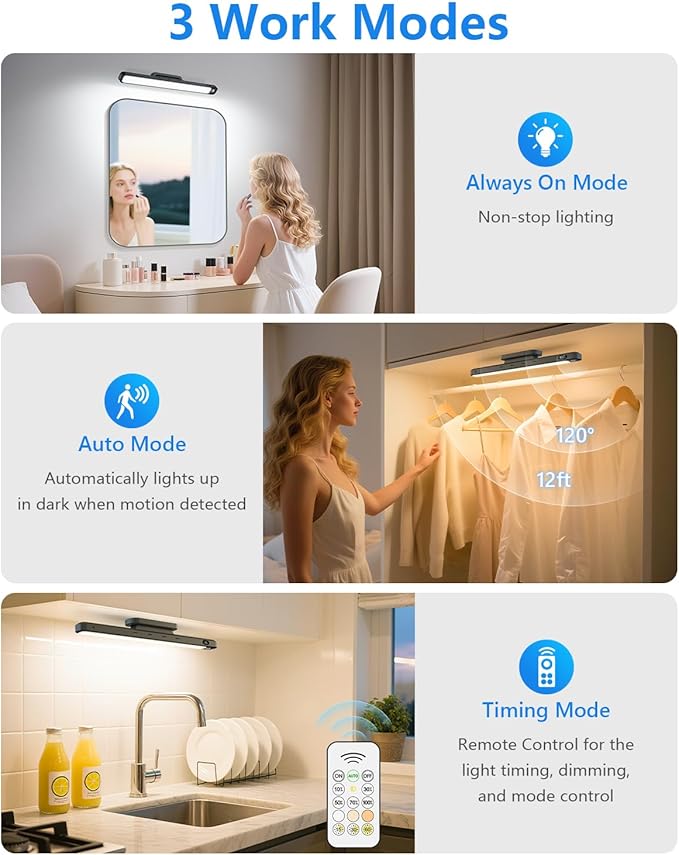 Ferswe 3W Motion Sensor Rechargeable Light Bar with Remote, Eye-Friendly Closet Lights with Battery Display, 2000mAh Makeup Lighting, Magnetic Light Bar for Cabinet, Closet, Bathroom and Desk