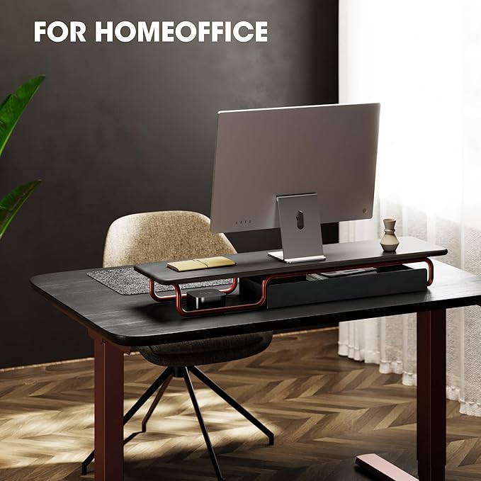 Fenge Dual Monitor Riser, 37 Inch Monitor Stand for Desk, Solid Wood Desk Shelf with Large Drawer Organizer, No Assembly Computer Stand for PC, Laptop, Printer, TV