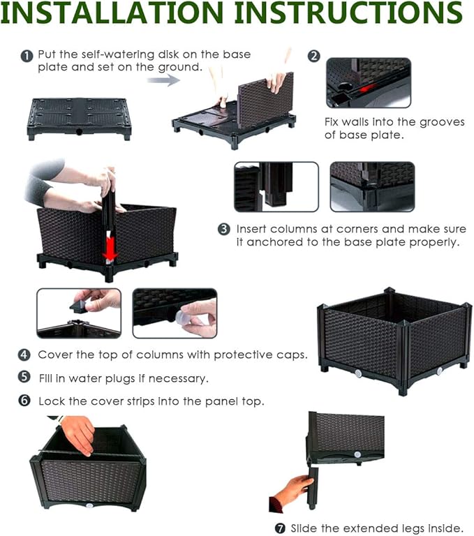 S AFSTAR Raised Garden Bed Kit, Set of 4, Elevated Planter Boxes with Self-Watering Design & Removable Legs, Outdoor Plastic Planter Box for Patio Yard Balcony Gardening, Rattan Pattern (Brown)