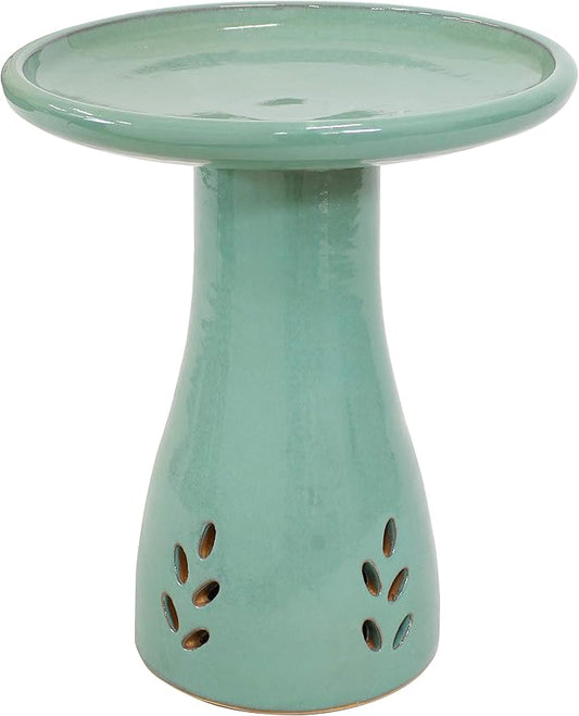 Sunnydaze 21" H Ceramic Bird Bath for Outside - Hand-Painted Outdoor Bird Bath Bowl, UV/Frost-Resistant Finish - Seafoam - Cut Out Pedestal