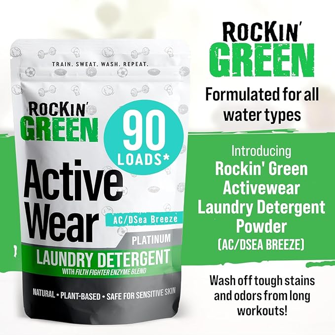 Rockin' Green Laundry Detergent, Plant based, All Natural Laundry Detergent Powder, Vegan and Biodegradable Odor Fighter, Safe for Sensitive Skin (Active Wear 90 Loads - AC/DSea Breeze)