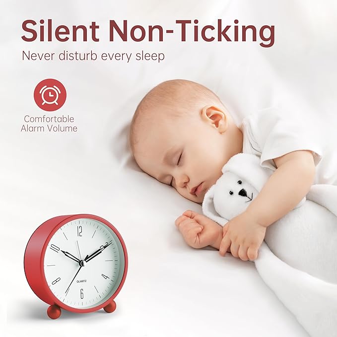 Analog Alarm Clock, 4 inch Super Silent Non Ticking Small Clock with Night Light, Battery Operated, Simple Design, Old Fashioned Style Wine-red Decor, for Bedroom, Bedside, Desk, Adult, Kid, Gift, Red