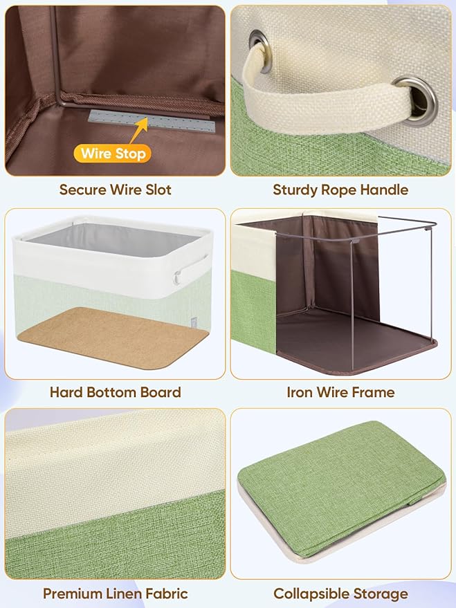 BALEINE 4 Pack Fabric Storage Bins for Shelves, Linen Storage Baskets for Organizing, Decorative Closet Bins for Clothes, Home (Green, 17''x13''x10.5'')