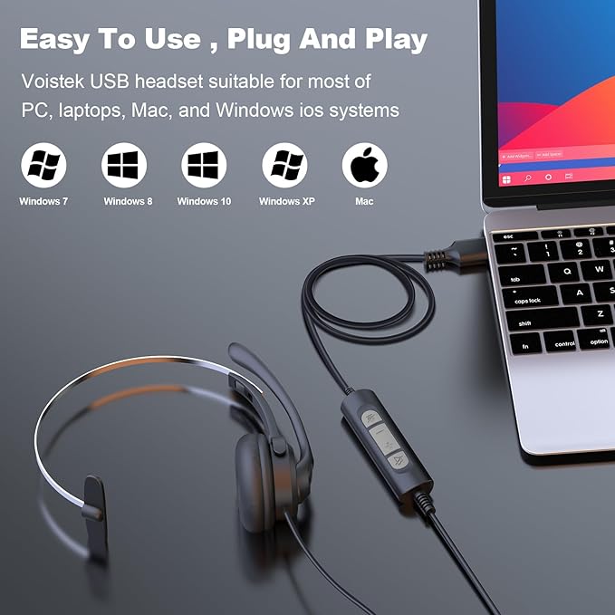 USB Headset with Microphone, Wired Computer Headset for Laptop/PC with Noise Cancelling Mic, Mono Headphones with in-Line Volume Control for Work, Office, Teams, Zoom, Skype, Online Class