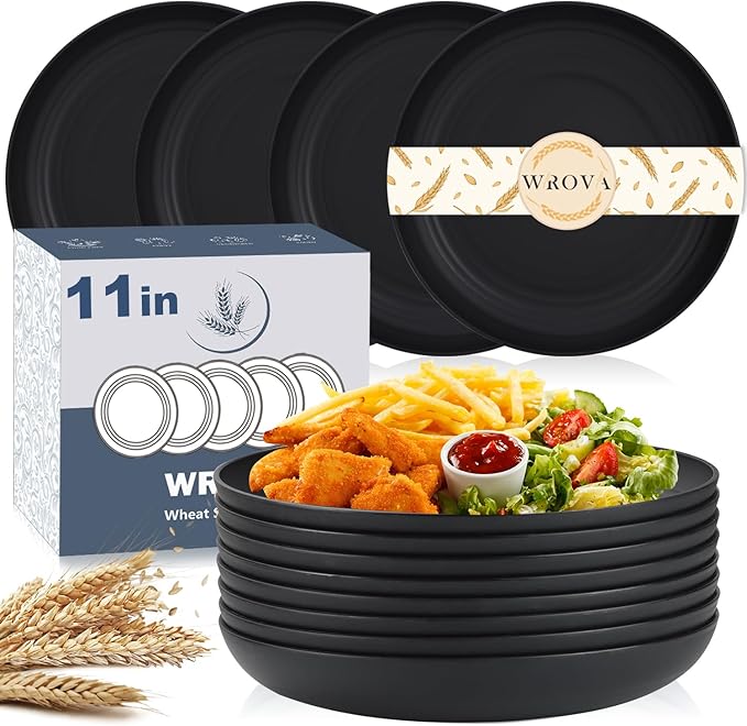 Large Wheat Straw Dinner Plates - 11 Inch Unbreakable Set of 8 - Dishwasher & Microwave Safe, Deep Edge for Kitchen and Camping (Black)