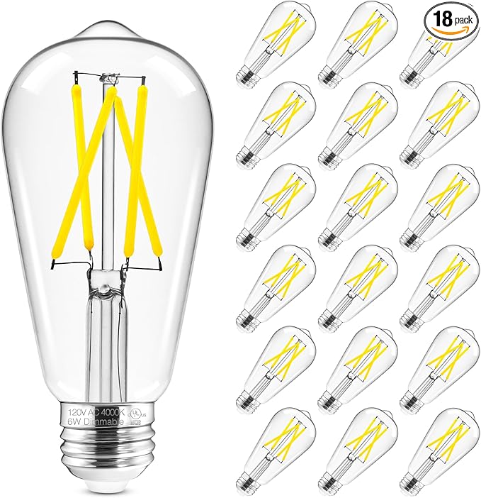 Hizashi Vintage LED Light Bulb Dimmable, 6W Equivalent 60W, Edison Bulbs 4000k Neutral White, E26 Base, 700LM, High CRI 95+ Eye Protection, Clear Glass, Pack of 18