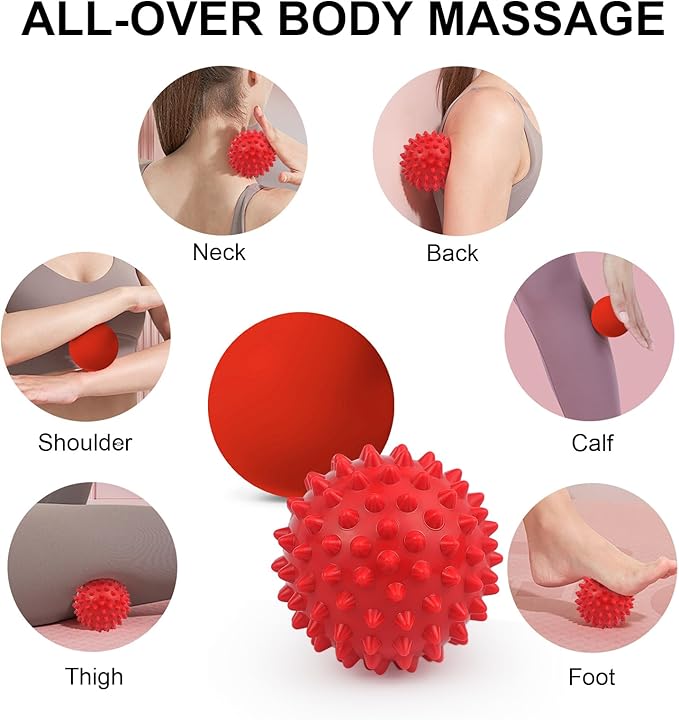 Massage Lacrosse Ball, Spiky Massage Ball, for Deep Tissue, Trigger Point and Myofascial Release, Muscle Knots, and Yoga Therapy (red-red)