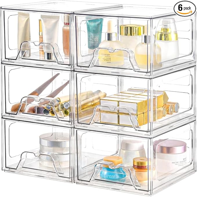 Plastic Drawers Storage, 6 Pack Clear Stackable Storage Drawers, Acrylic Storage Bins with Drawers for Fridge Organizers, Small PlasticDrawers Stackable for Makeup Organizers Cosmetic Display