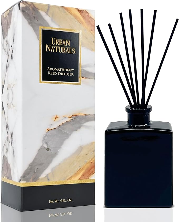 Urban Naturals Mahogany Coconut Reed Diffuser Oil Set – Mahogany, Coconut, Sandalwood, Vanilla & Oakmoss – 5 Ounce Sleek Black Rectangular Refillable Glass Bottle – Made in The USA