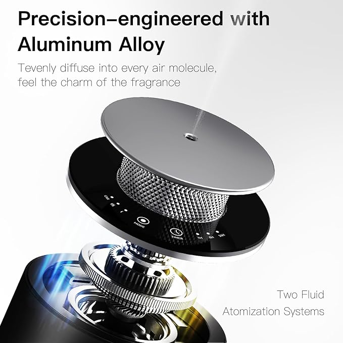 Waterless Oil Diffuser Rechargable, Smart Auto On/Off Air Freshener Car Diffuser, 3 Timer Function&Two-Fluid Technology, Aluminum Mini Scent Diffuser for Car (Black)