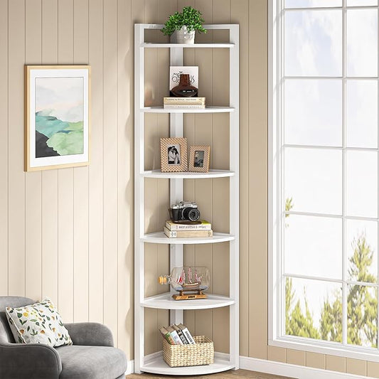 Tribesigns 6 Tier Corner Shelf, 70.9 Inch Tall Corner Bookshelf Small Bookcase Modern Corner Shelving Unit Storage Rack for Living Room, Home Office, Kitchen, Small Space (White)