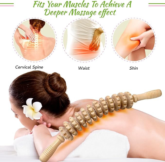 Wooden Curved Handheld Roller Stick Massager - 12 Rollers Wood Therapy Tool for Trigger Point, Fascia & Cellulite Reduction, Lymphatic Drainage, Muscle Tension Relief & Body Shaping (Wood)