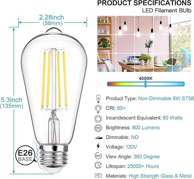 MAXvolador Vintage LED Edison Bulb 60W Equivalent 800LM, 6W ST58 Filament Light Bulbs, Neutral White 4000K, E26 Base, Non-Dimmable, Pack of 12
