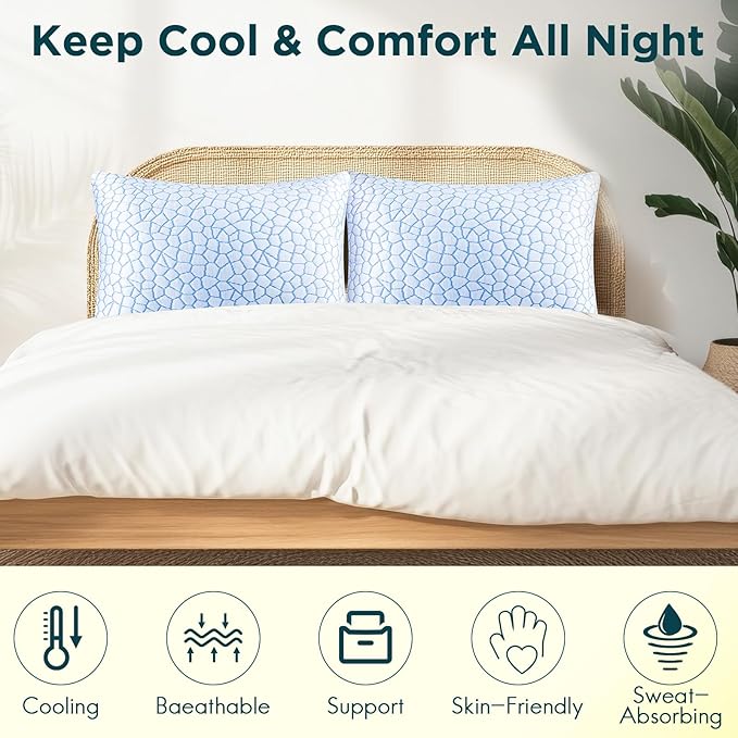 QUTOOL Shredded Memory Foam Pillows King Size Set of 2, Cooling Pillows for Sleeping, Adjustable Bed Pillow for Side Back Stomach Sleepers, Soft Supportive Pillow with Removable Washable Cover
