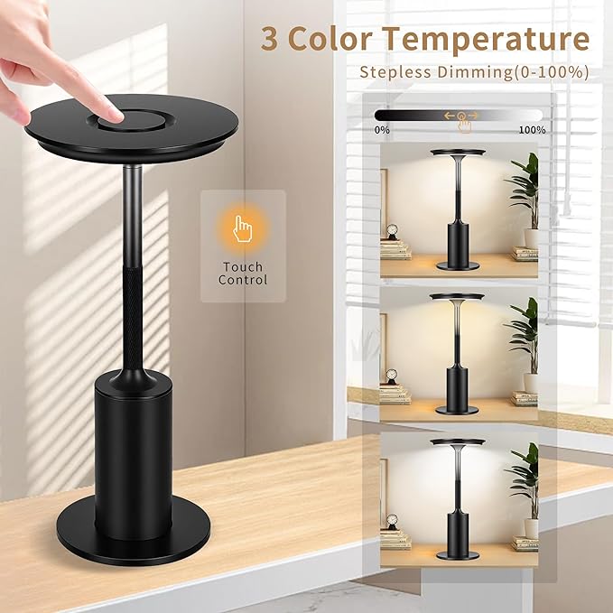 2 Pack Cordless Table Lamps,Portable Table Light with 3 Color Stepless Dimming,6000mAh Rechargeable Battery,Touch Control Dimmable LED Lamp for Outdoor/Dinner/Patio/Restaurant (Black)