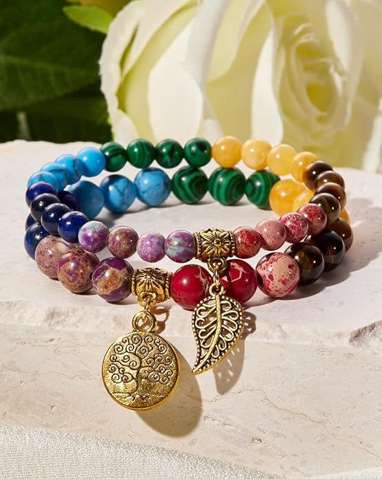 Bivei Natural Semi Precious Gemstone beads bracelet for women - Life Tree and Leaf Charm Energy Reiki Crystal Stretch Bracelets