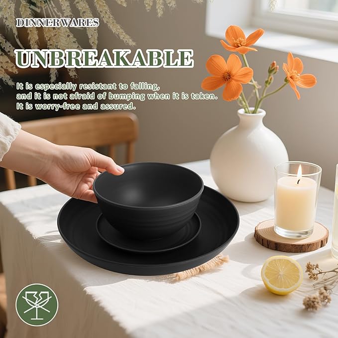32-piece Kitchen Alternative Melamine Wheat Straw Dinnerware Sets,Unbreakbale Dishwasher Safe Kitchen Bowls and Plates Sets with Cups,Apartment Essential Dishes Set for 8.Black Series