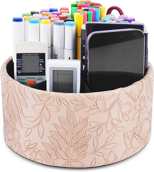 Hennaja Remote Control Holder, 360°Spinning PU Leather Desk TV Remote Caddy,Desk Storage Box Room Accessories for Controller, Media,Mail,Calculator, Mobile Phone,Pencil(1-Carved Light Brown)