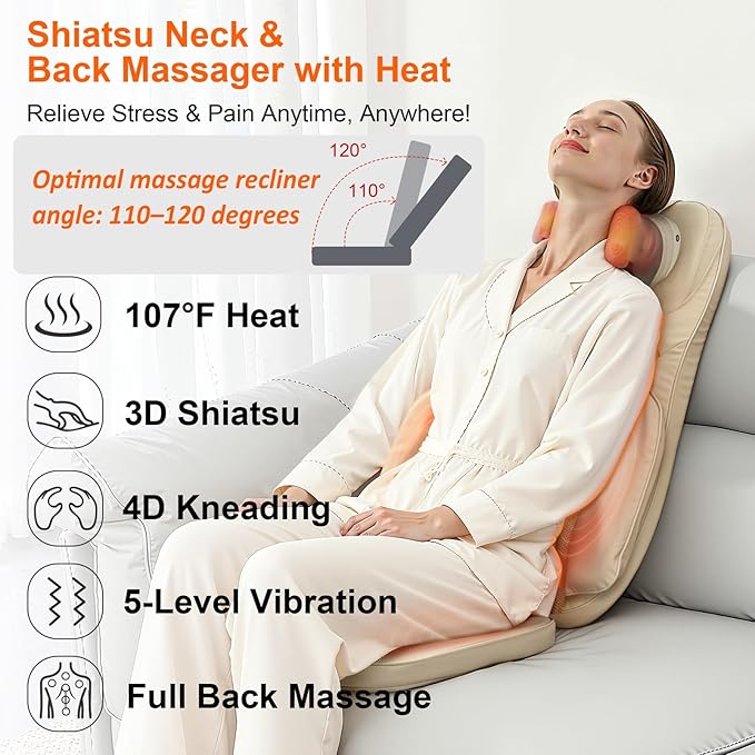4D Shiatsu Massage Cushion w/Heat - Neck Back Pain Relief, Targets Muscle Stiffness from Long Sitting - Kneading, Vibration Technology & Dual Necks Heads Design for Office Chair, Home, Beige