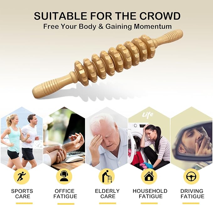 Manual Massager Wooden Handheld Roller Trigger Point Massager Stick for Fascia, Cellulite, Muscle & Abdomen, Body Therapy Massager, Muscle Belly Relief Tool, Natural Wood