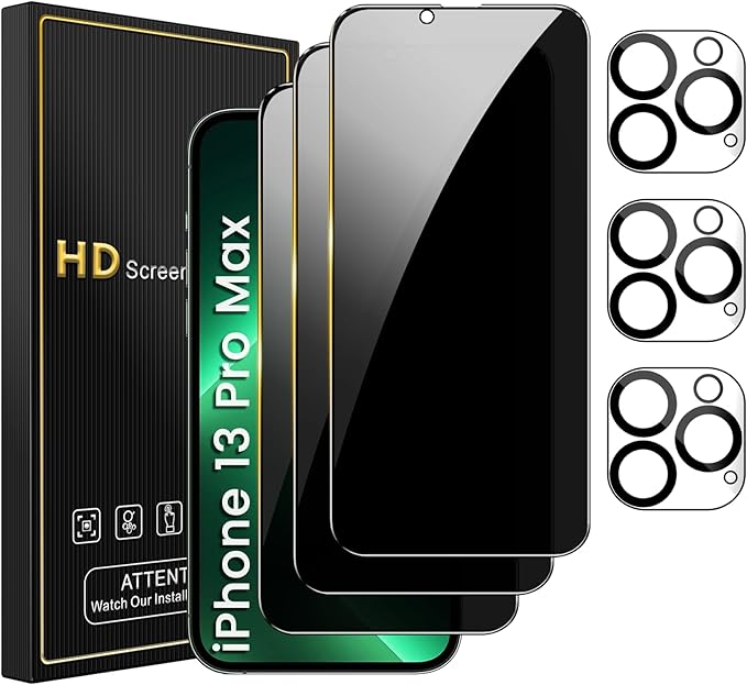 3 Pack Privacy Screen Protector for iPhone 13 Pro Max 6.7 Inch with 3 Pack Camera Lens Protector, Anti Spy Tempered Glass Film, Anti-Scratch, Touch Sensitive, Case Friendly
