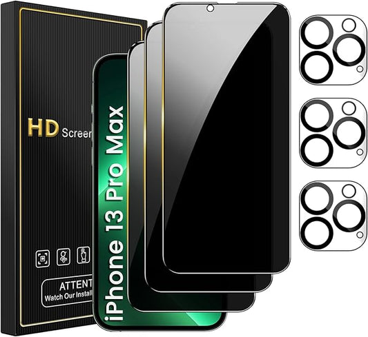 3 Pack Privacy Screen Protector for iPhone 13 Pro Max 6.7 Inch with 3 Pack Camera Lens Protector, Anti Spy Tempered Glass Film, Anti-Scratch, Touch Sensitive, Case Friendly