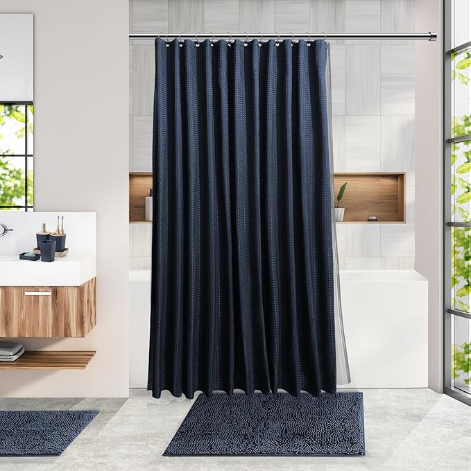 Clara Clark Bathroom Accessories Set - Navy Bathroom Set, 20PC Bathroom Accessory Set, Shower Curtain Set, Toilet Brush, Trash Can & Soap Dispenser