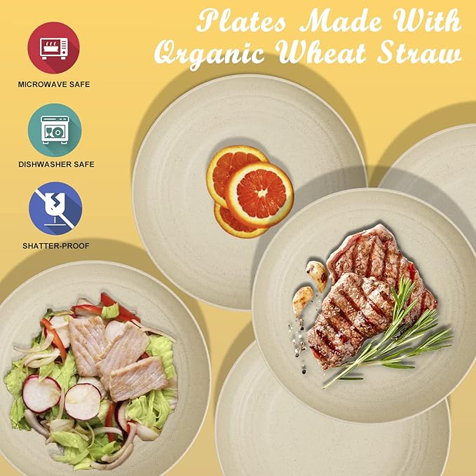 Wheat Straw Plates - 8 Inch Unbreakable Dinner Plates Set of 8 - Dishwasher & Microwave Safe Plastic Plates Reusable - Lightweight Small Plates for kitchen,R.V. (Beige)
